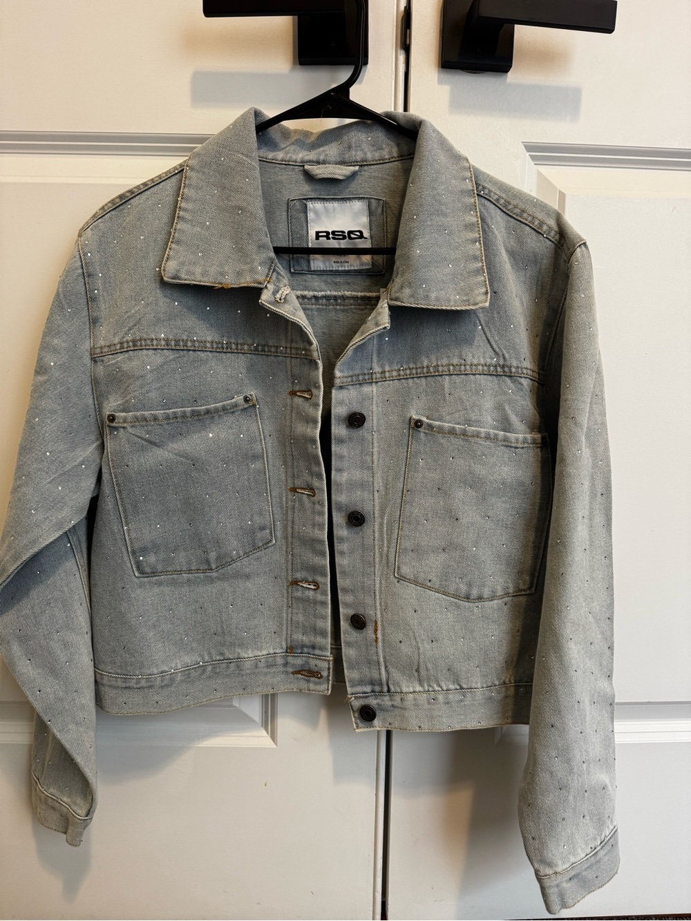 RSQ Light Blue Cropped Denim Jacket with Speckled Detail